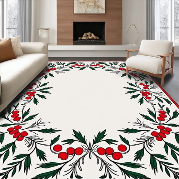 ODIKA 8'x10' Machine Washable Non-Slip Area Rug, Festive Holly Berry Wreath Welcome with Evergreen Sprigs High Traffic Rug with Pad, Red, 612138