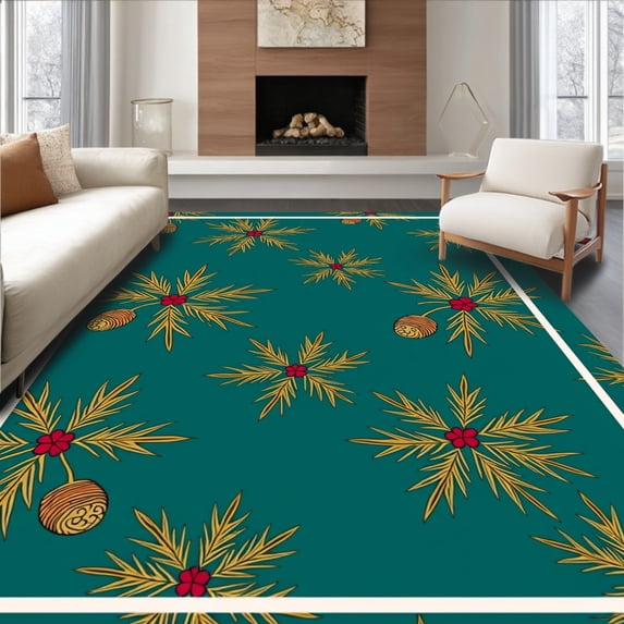 ODIKA 8'x10' Machine Washable Non-Slip Area Rug, Festive Holly Sprigs and Pinecone Holiday Duo High Traffic Rug, Teal, 622438