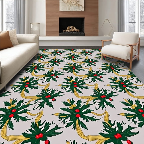ODIKA 8'x10' Machine Washable Non-Slip Area Rug, Festive Holly Wreath Anti Fatigue Cushioned High Traffic Rug with Pad, Green, 625483