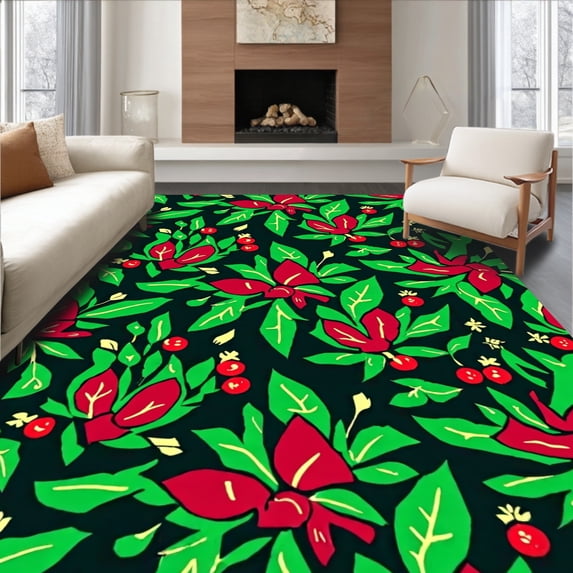 ODIKA 8'x10' Machine Washable Non-Slip Area Rug, Festive Holly Wreath Door with Ribbon Bow Design High Traffic Rug with Pad, Red, 628181
