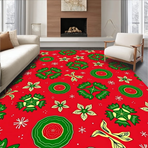 ODIKA 8'x10' Machine Washable Non-Slip Area Rug, Festive Holly Wreath Holiday Accent with Berries High Traffic Rug with Pad, Red, 611603