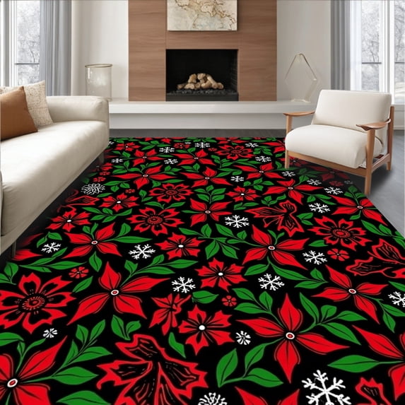 ODIKA 8'x10' Machine Washable Non-Slip Area Rug, Festive Holly and Ivy Interlocking Motif with Elegant Snowflake Accents High Traffic Rug, Red, 739303