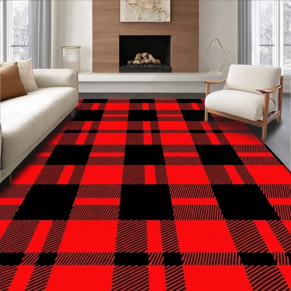 ODIKA 8'x10' Machine Washable Non-Slip Area Rug, Festive Lumberjack Cabin Mountain Accent High Traffic Rug, Red, 615245
