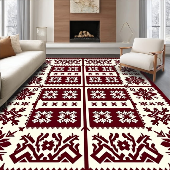 ODIKA 8'x10' Machine Washable Non-Slip Area Rug, Festive Nordic Fair Isle with Interlocking Snowflake and High Traffic Rug with Pad, Red, 731650