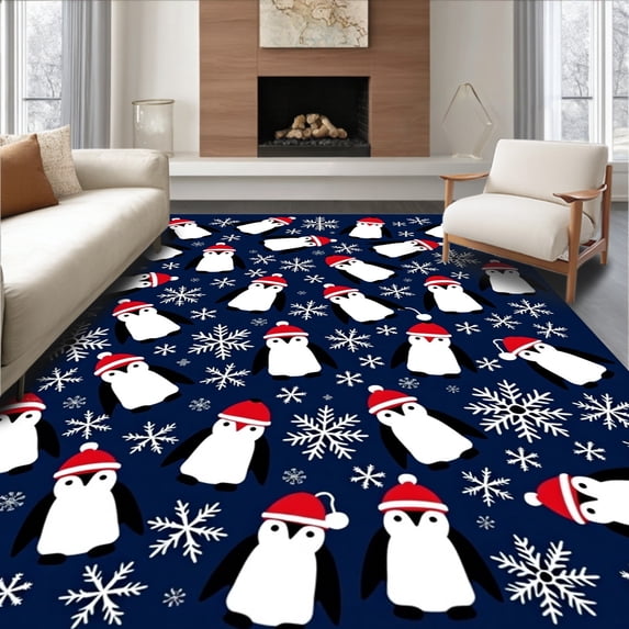 ODIKA 8'x10' Machine Washable Non-Slip Area Rug, Festive Penguin Bath with Holiday Snowflake Accents High Traffic Rug, Blue, 639043
