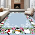 thumbnail image 1 of ODIKA 8'x10' Machine Washable Non-Slip Area Rug, Festive Penguin Parade with Snowflake and Holiday Berries High Traffic Rug, Blue, 639030, 1 of 7