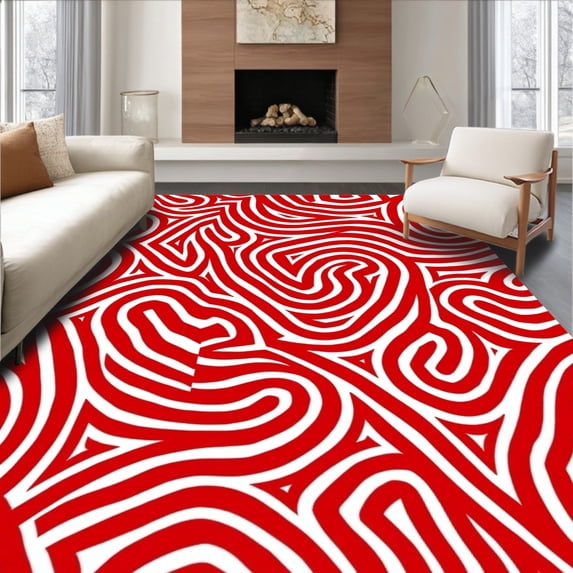 ODIKA 8'x10' Machine Washable Non-Slip Area Rug, Festive Peppermint Swirl Half Moon Doormat Holiday Striped Entrance High Traffic Rug with Pad, Red, 612805