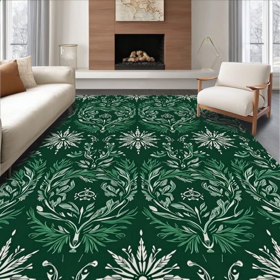 ODIKA 8'x10' Machine Washable Non-Slip Area Rug, Festive Pine Branch Snowflake Holiday Floor with Anti Slip Base High Traffic Rug, Green, 621286