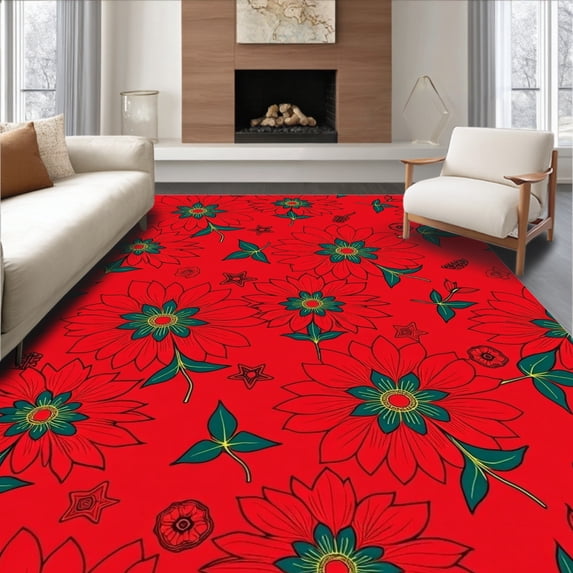 ODIKA 8'x10' Machine Washable Non-Slip Area Rug, Festive Poinsettia Blooms Decorative Accent High Traffic Rug with Pad, Red, 611781