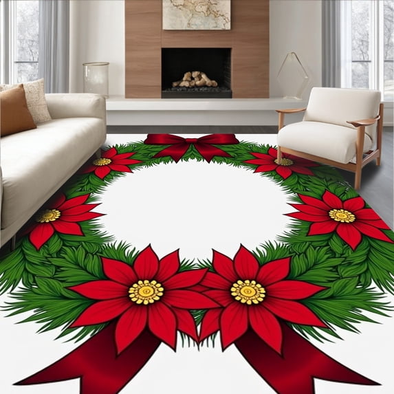 ODIKA 8'x10' Machine Washable Non-Slip Area Rug, Festive Poinsettia Wreath Crochet Throw Decoration Handcraft Kit High Traffic Rug, Green, 742807