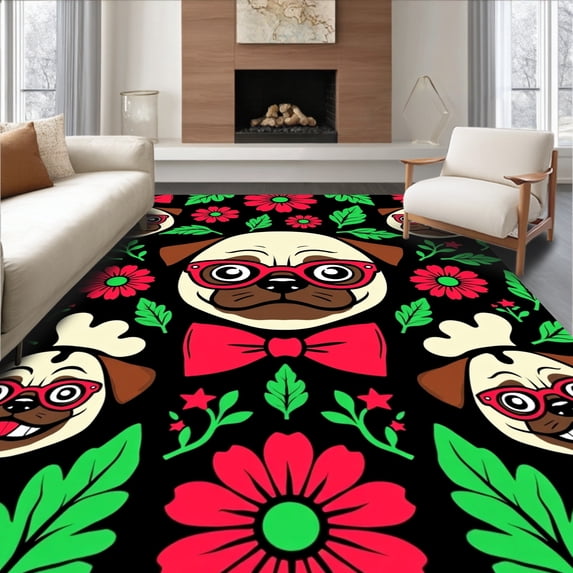 ODIKA 8'x10' Machine Washable Non-Slip Area Rug, Festive Pug Motif with Chic Accessories and Whimsical Holiday Charm High Traffic Rug, Black, 745661