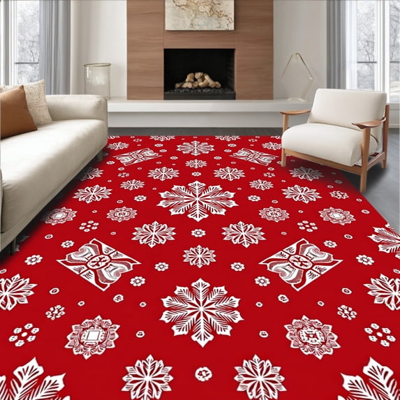 ODIKA 8'x10' Machine Washable Non-Slip Area Rug, Festive Snowflake Celebration Accent Holiday Enchantment High Traffic Rug with Pad, Red, 605615