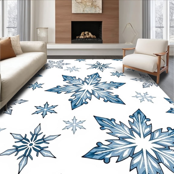 ODIKA 8'x10' Machine Washable Non-Slip Area Rug, Festive Snowflake Latch Hook Kit Pillow Cover DIY Project High Traffic Rug, Blue, 635121