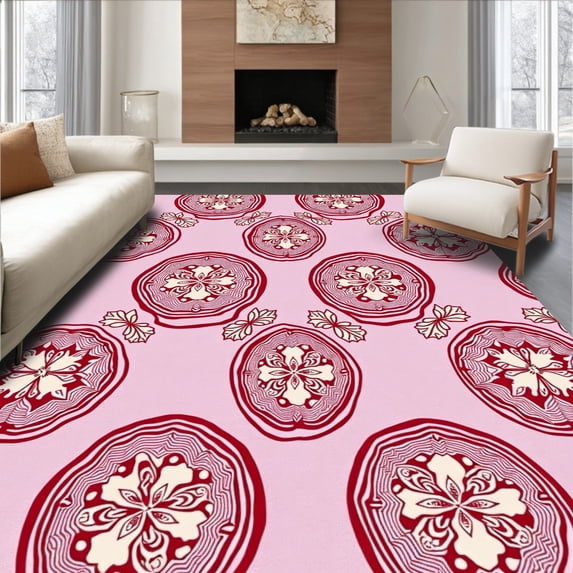 ODIKA 8'x10' Machine Washable Non-Slip Area Rug, Festive Snowflake Medallion with Elegant Interlocking High Traffic Rug, Pink, 732998
