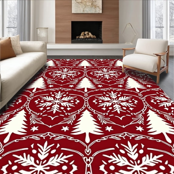 ODIKA 8'x10' Machine Washable Non-Slip Area Rug, Festive Snowflake Medallion with Elegant Tree High Traffic Rug with Pad, Red, 735944
