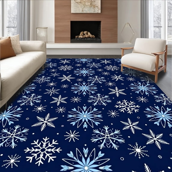 ODIKA 8x10 Machine Washable Non-Slip Area Rug, Festive Snowflake Welcome Entrance Holiday Celebration Front High Traffic Rug with Pad, Blue, 607828