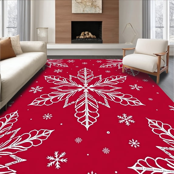ODIKA 8'x10' Machine Washable Non-Slip Area Rug, Festive Snowflake Winter Wonderland Enchanted Holiday Accent High Traffic Rug with Pad, Red, 606079