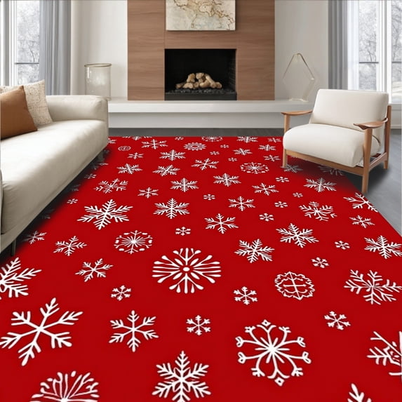 ODIKA 8'x10' Machine Washable Non-Slip Area Rug, Festive Snowflake Wonderland Holiday Celebration Decorative Accent High Traffic Rug, Red, 606660