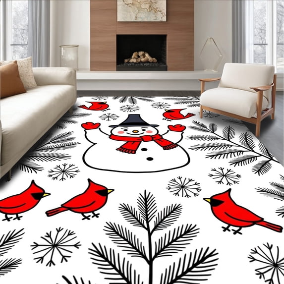 ODIKA 8'x10' Machine Washable Non-Slip Area Rug, Festive Snowman Cardinal Winter Forest Holiday Bath Accessory High Traffic Rug, Red, 734854