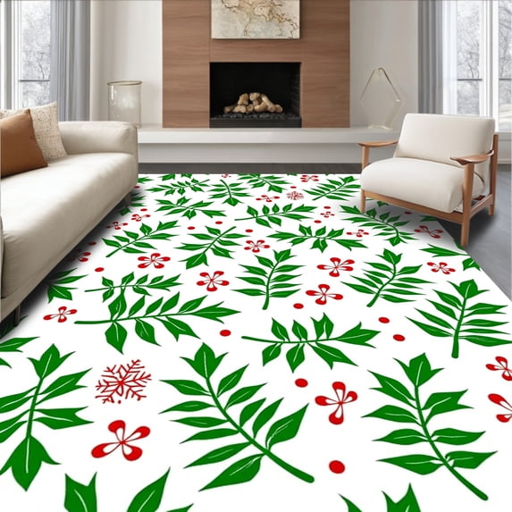 ODIKA 8'x10' Machine Washable Non-Slip Area Rug, Festive Starburst Holly Branch Tree Skirt with Seasonal Charm High Traffic Rug with Pad, Green, 734093