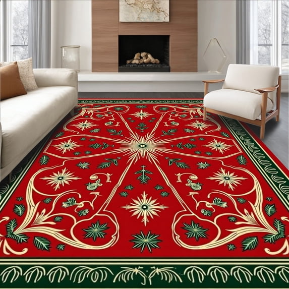 ODIKA 8'x10' Machine Washable Non-Slip Area Rug, Festive Starburst Ornament and Holly Berry Arrangement High Traffic Rug, Red, 625783