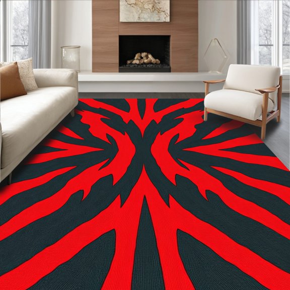ODIKA 8x10 Machine Washable Non-Slip Area Rug, Fierce Cyclone Burst with Radiating Angular Flames and Textured Bands High Traffic Rug, Red, 670231
