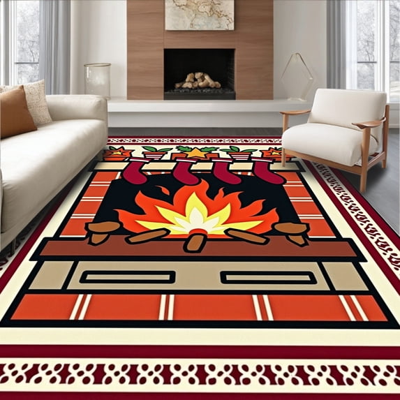 ODIKA 8'x10' Machine Washable Non-Slip Area Rug, Fireplace Hearth with Stockings Holiday Themed High Traffic Rug, Red, 606115