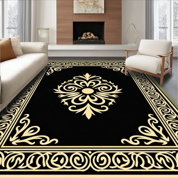 ODIKA 8'x10' Machine Washable Non-Slip Area Rug, Fleur Revival With Baroque Ornamental Scrollwork High Traffic Rug, Black, 450168