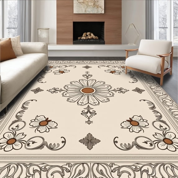ODIKA 8'x10' Machine Washable Non-Slip Area Rug, Floral Heirloom Artistry Handwoven Inspired High Traffic Rug, Beige, 558044