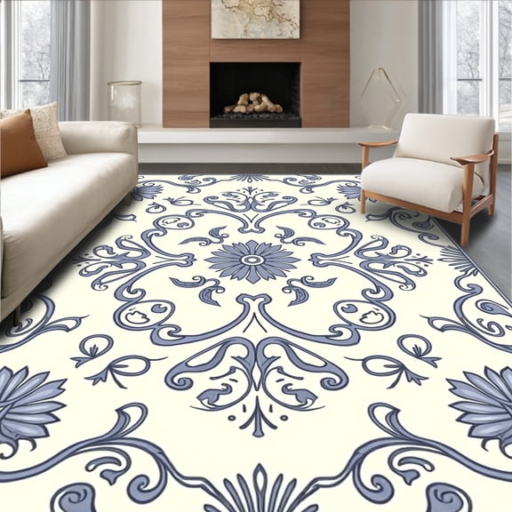 ODIKA 8x10 Machine Washable Non-Slip Area Rug, Floral Scrollwork Paisley Ornate Symmetrical High Traffic Rug, Ivory, 546900