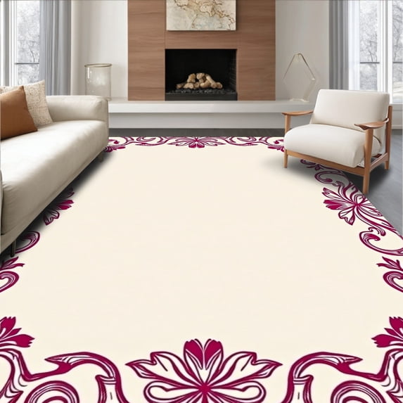 ODIKA 8'x10' Machine Washable Non-Slip Area Rug, Floral Scrollwork with Ornate Botanical Detailing High Traffic Rug with Pad, Ivory, 562324