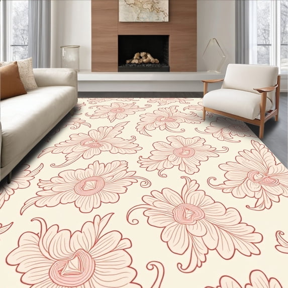 ODIKA 8'x10' Machine Washable Non-Slip Area Rug, Floral Swirl Accent High Traffic Rug, Beige, 360382