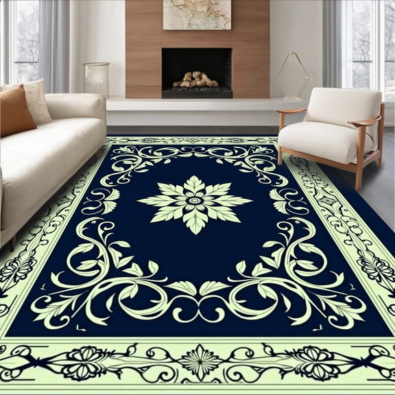 ODIKA 8x10 Machine Washable Non-Slip Area Rug, Floral Vine Scroll with Botanical Leaf Arrangements High Traffic Rug, Blue, 454511