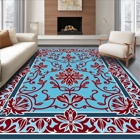 ODIKA 8'x10' Machine Washable Non-Slip Area Rug, Floral Vinework Motif with Art Nouveau Inspiration High Traffic Rug with Pad, Blue, 552594
