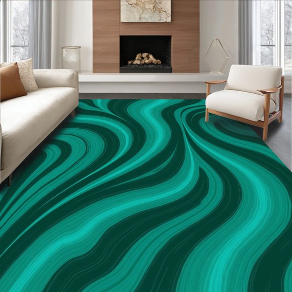 ODIKA 8x10 Machine Washable Non-Slip Area Rug, Fluid Ombre Waves with Emerald and Jade in a Marbled Effect High Traffic Rug, Green, 439301