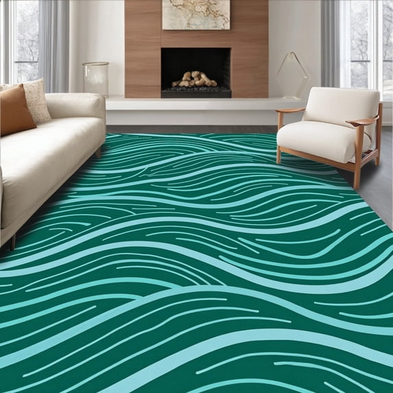 ODIKA 8'x10' Machine Washable Non-Slip Area Rug, Fluid Wave Motion with Undulating Ocean Current High Traffic Rug, Green, 572839