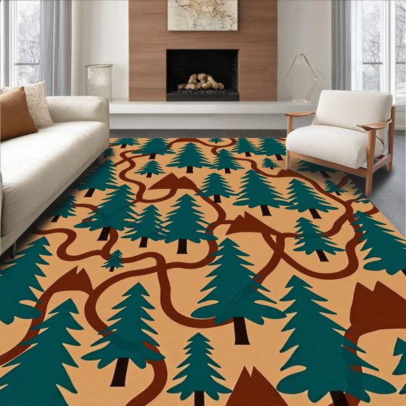 ODIKA 8x10 Machine Washable Non-Slip Area Rug, Forest Trail Pine Tree Woodland Nature Hiking Path Adventure Design High Traffic Rug, Beige, 708887