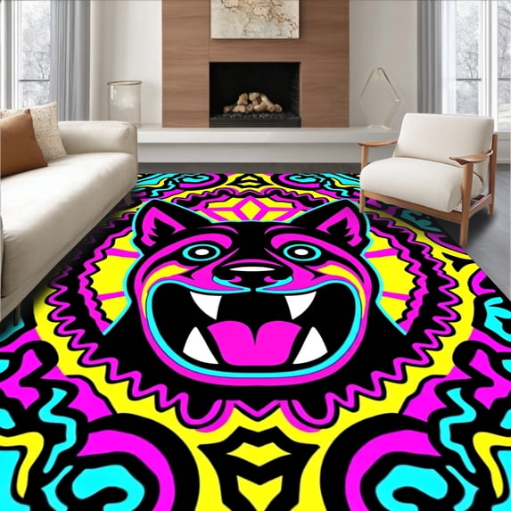 ODIKA 8'x10' Machine Washable Non-Slip Area Rug, French Portrait Interlocking Pop Art with Festive Ornaments High Traffic Rug with Pad, Pink, 743807