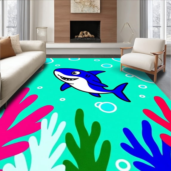 ODIKA 8'x10' Machine Washable Non-Slip Area Rug, Friendly Adventure Latch Hook Needlework Embroidery High Traffic Rug with Pad, Blue, 619674