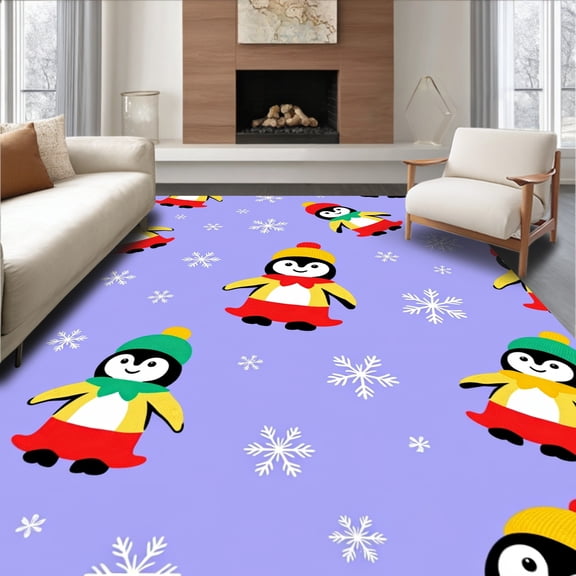 ODIKA 8'x10' Machine Washable Non-Slip Area Rug, Frosty Waddle Birds Downhill Adventure Stitch Kit High Traffic Rug, Purple, 618627
