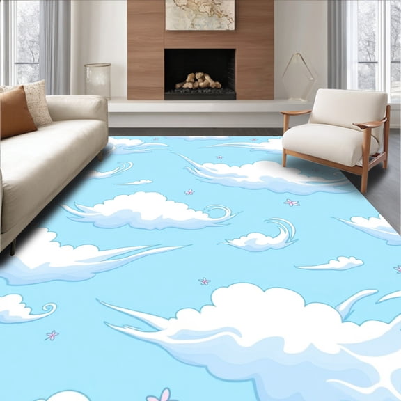 ODIKA 8'x10' Machine Washable Non-Slip Area Rug, Fuzzy Cloud Dreamscape with Floating Botanical High Traffic Rug, Blue, 545839