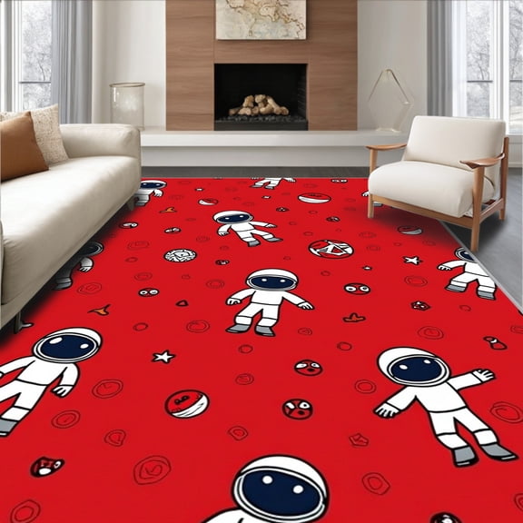 ODIKA 8'x10' Machine Washable Non-Slip Area Rug, Galactic Discovery Astronaut Moon Landing Science Exploration High Traffic Rug, Red, 723675