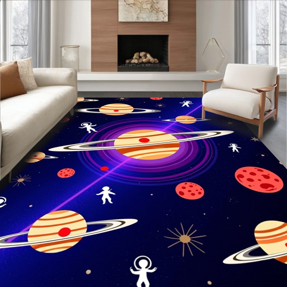 ODIKA 8x10 Machine Washable Non-Slip Area Rug, Galactic Exploration Astronaut Jupiter Mars Neptune Saturn High Traffic Rug, Blue, 479080