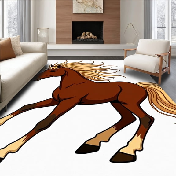 ODIKA 8'x10' Machine Washable Non-Slip Area Rug, Galloping Stallion Latch Hook Kit Pre Printed Canvas Needlework Project High Traffic Rug, Brown, 635465