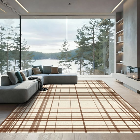 ODIKA 8'x10' Machine Washable Non-Slip Area Rug, Geometric Beige High Traffic Rug, Beige, 1035746