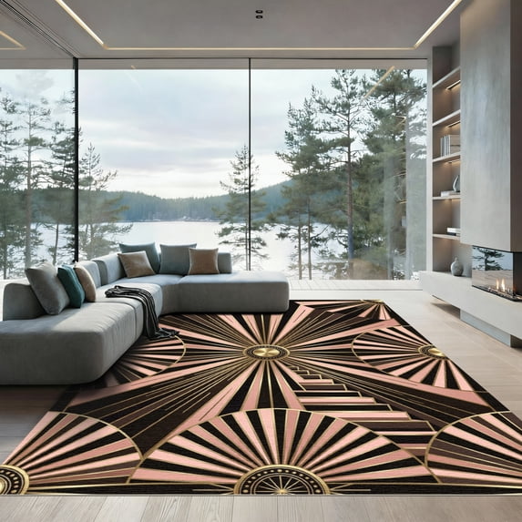 ODIKA 8'x10' Machine Washable Non-Slip Area Rug, Geometric Black High Traffic Rug, Black, 1184379