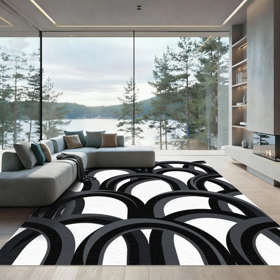 ODIKA 8'x10' Machine Washable Non-Slip Area Rug, Geometric Black High Traffic Rug, Gray, 1102019