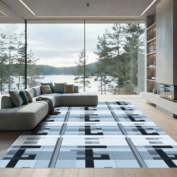 ODIKA 8'x10' Machine Washable Non-Slip Area Rug, Geometric Black High Traffic Rug with Pad, Gray, 1022434