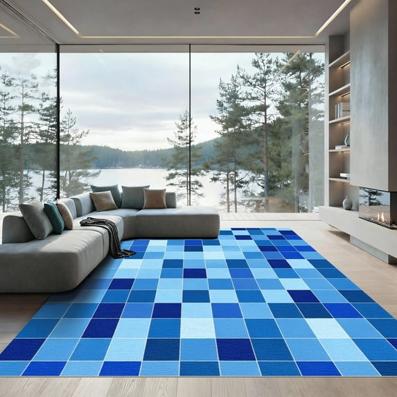 ODIKA 8'x10' Machine Washable Non-Slip Area Rug, Geometric Blue High Traffic Rug, Blue, 1080133