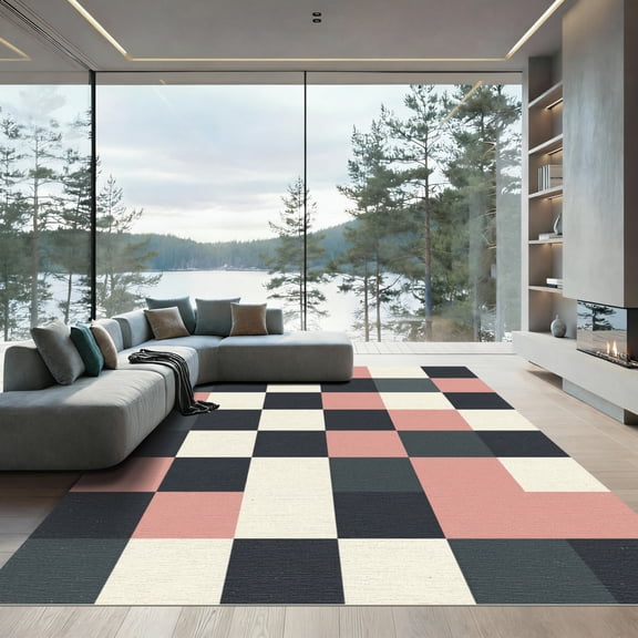 ODIKA 8'x10' Machine Washable Non-Slip Area Rug, Geometric Blush Pink High Traffic Rug, Pink, 1164112